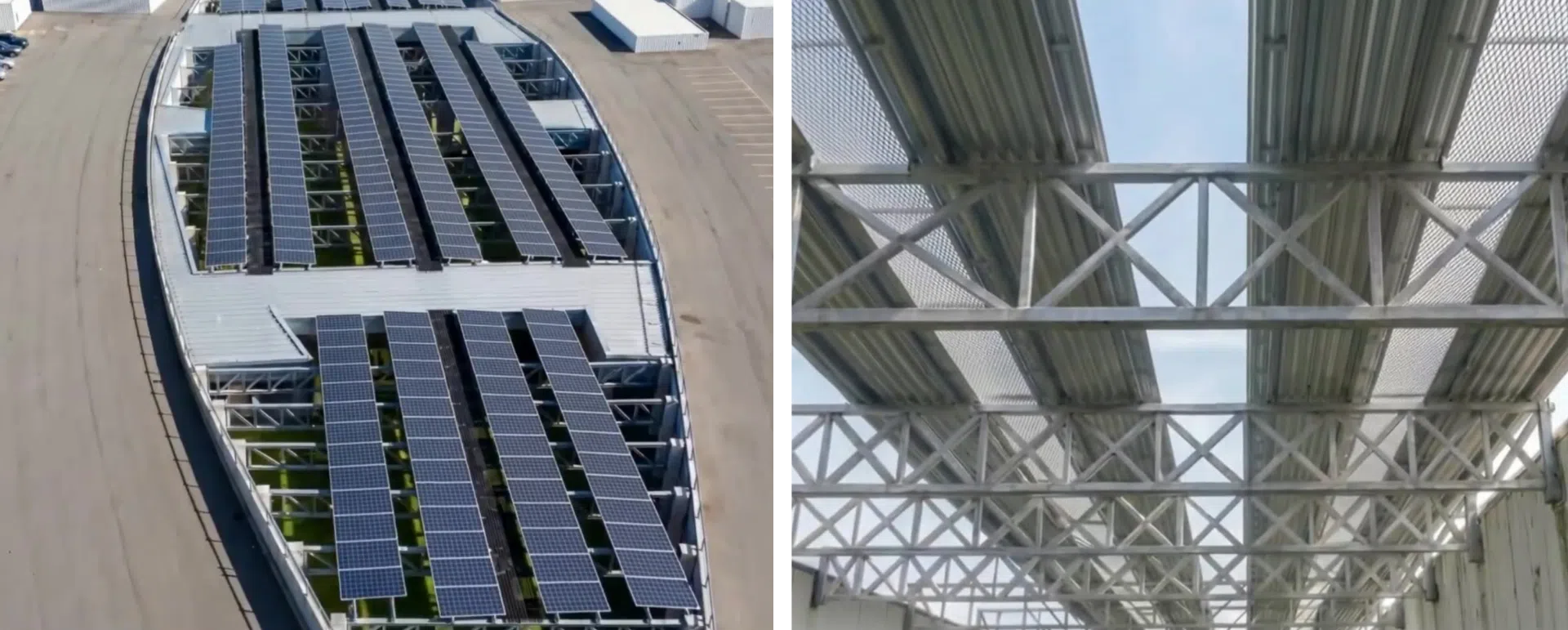An AI rendering of solar panels suspended across buildings.