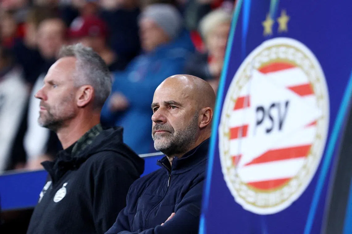FILE PHOTO: Soccer Football - UEFA Champions League - Bayer Leverkusen v PSV Eindhoven - BayArena, Leverkusen, Germany - October 1, 2025 PSV Eindhoven coach Peter Bosz before the match REUTERS/Thilo Schmuelgen/File Photo