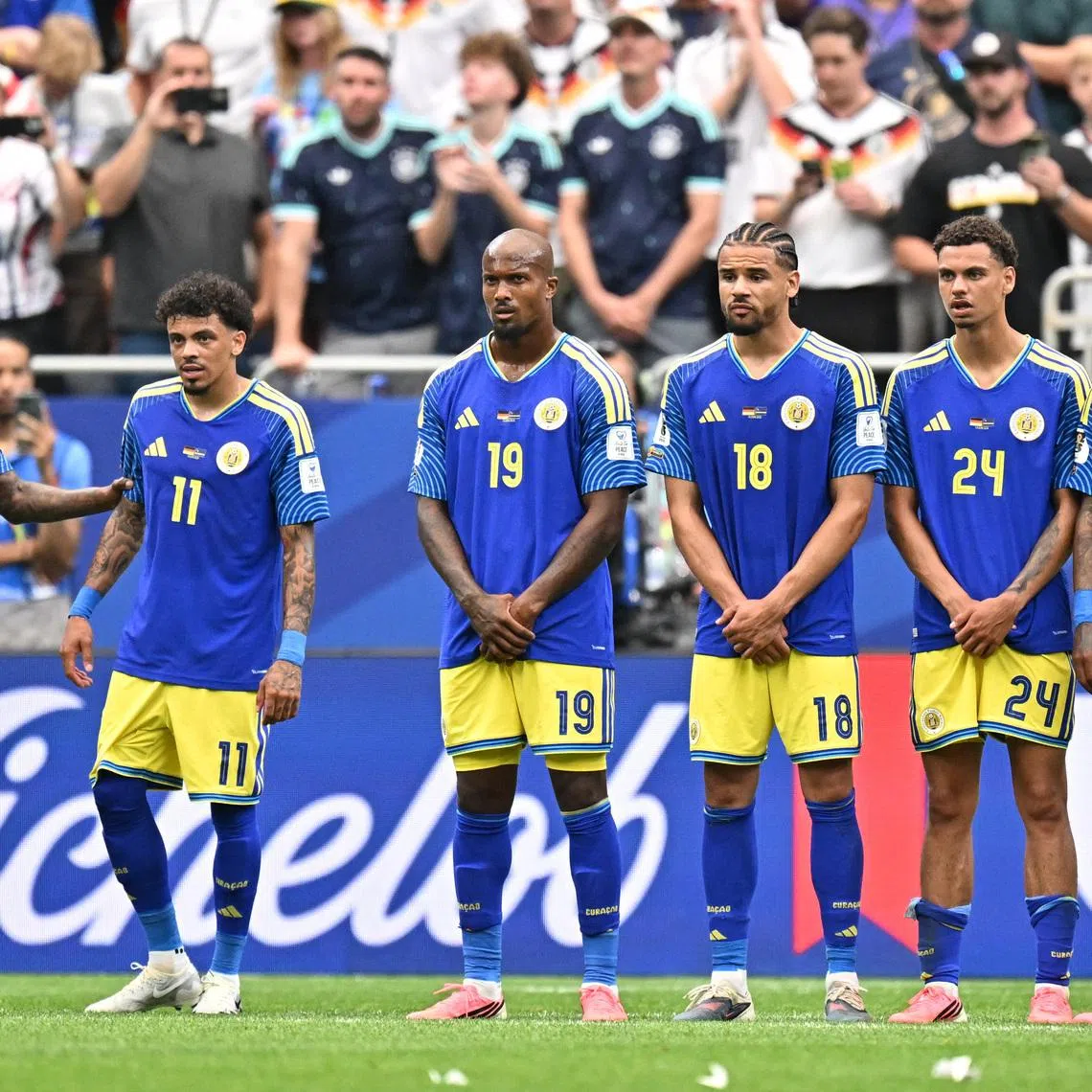 Soccer Football - FIFA World Cup 2026 - Group E - Germany v Curacao - Houston Stadium, Houston, Texas, U.S. - June 14, 2026 Curacao's Sherel Floranus, Jeremy Antonisse, Gervane Kastaneer, Armando Obispo, Deveron Fonville and Juninho Bacuna IMAGN IMAGES via Reuters/Maria Lysaker