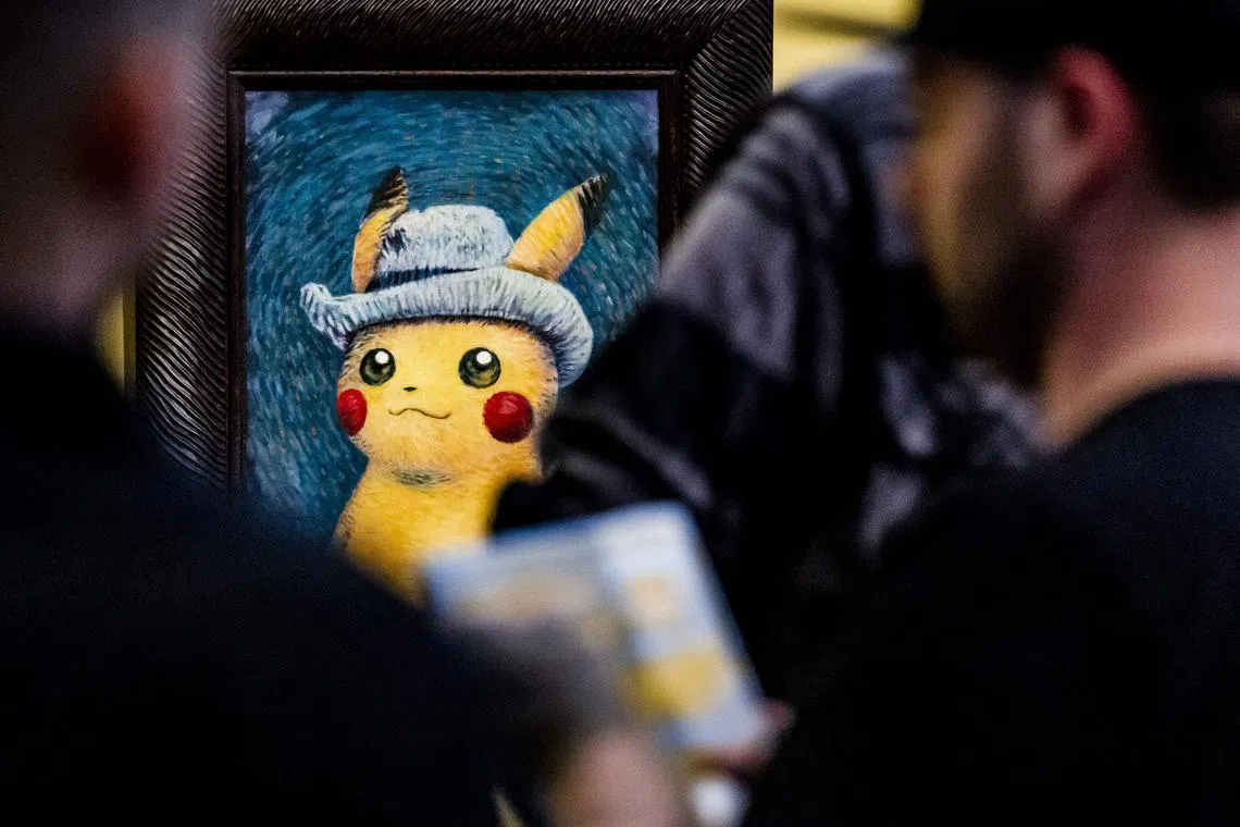 People look at paintings by artists inspired by the Pokemon at the Van Gogh museum in Amsterdam on Sept 28, 2023. 
