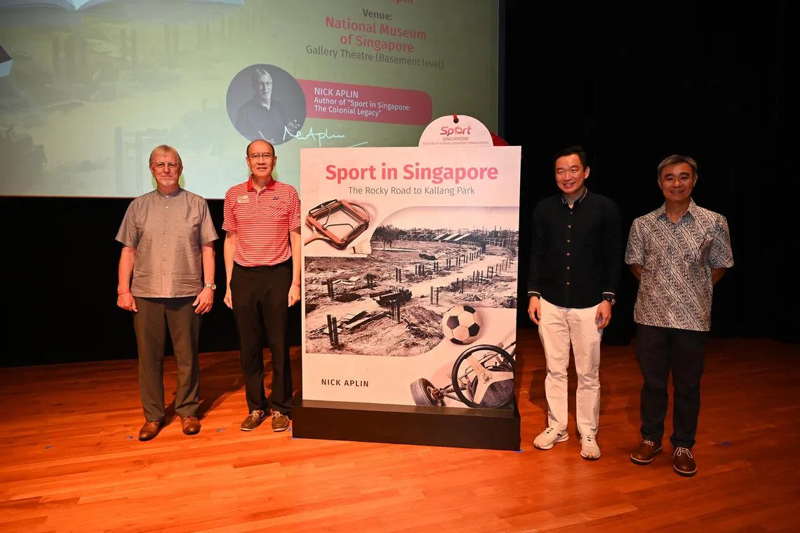 Dr Nick Aplin (far left), author of "Sport in Singapore: The Rocky Road to Kallang Park", together with (from left to right) Kon Yin Tong, Chairman of Sport Singapore, Mr Eric Chua, Senior Parliamentary Secretary, Ministry of Culture, Community and Youth & Ministry of Social and Family Development and Mr Toh Boon Yi, Deputy Chief Executive Officer, Sport Singapore.

PHOTO: SPORTSG 