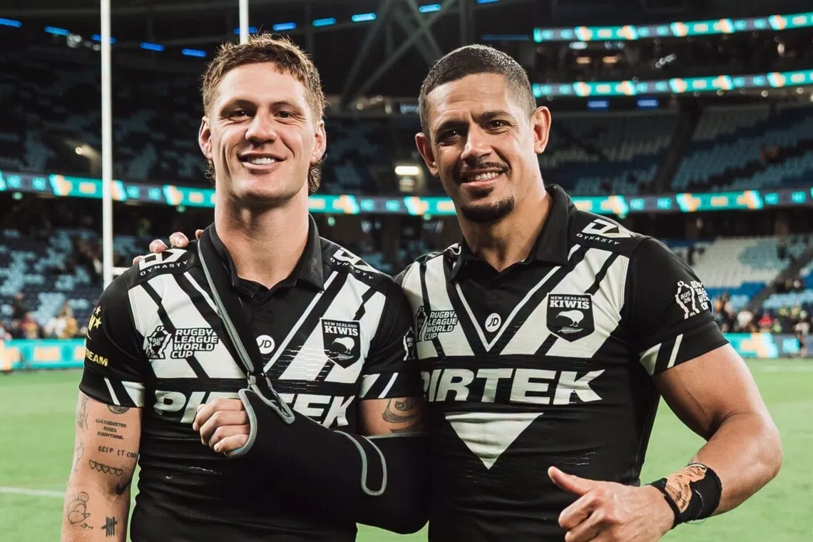 Ponga (left) played on for 20 minutes after the injury before leaving the field in the 70th minute.