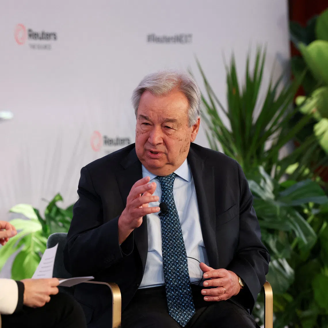UN Secretary General Antonio Guterres speaks with Reuters Editor-in-Chief Alessandra Galloni during the Reuters NEXT conference, in New York City, New York, U.S., December 3, 2025.  REUTERS/Brendan McDermid