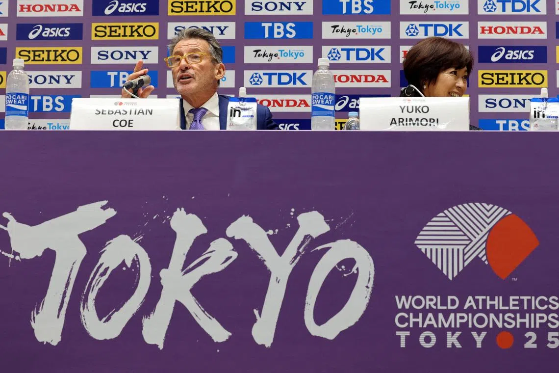 World Athletics president Sebastian Coe and president of the Japan Association of Athletics Federations Yuko Arimori during the opening press conference.