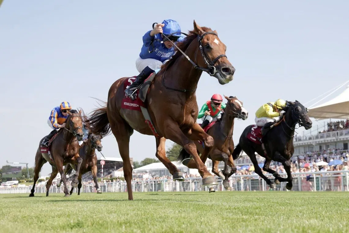 Notable Speech (William Buick) winning the Group 1 Sussex Stakes (1,600m) at Goodwood on July 24, 2024.
Photo by Arena Racing Company