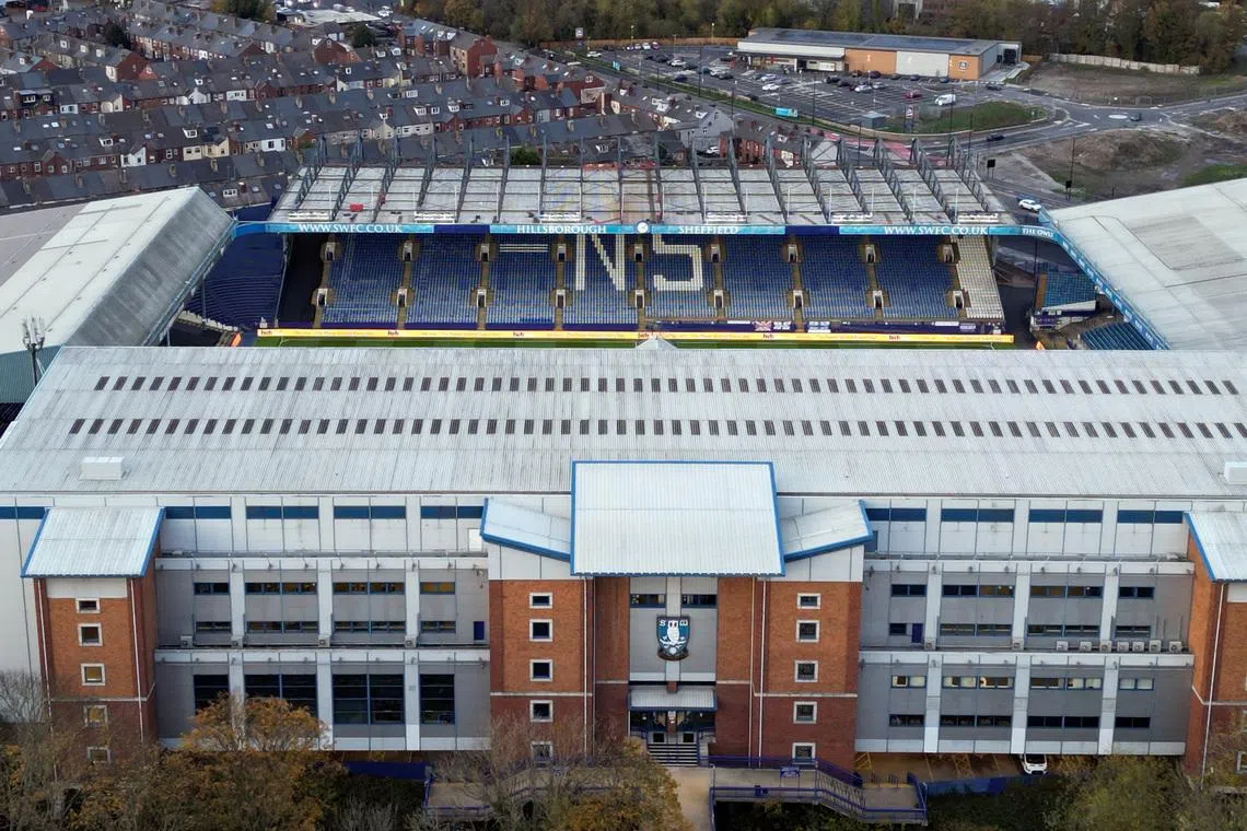 FILE PHOTO: Soccer Football - Championship - Sheffield Wednesday v Norwich City - Hillsborough Stadium, Sheffield, Britain - November 5, 2025 A drone view shows the Hillsborough stadium seats after the letters spelling the second name of the former chairman Dejphon Chansiri were removed from seats in a stand Action Images/Andrew Boyers/File Photo