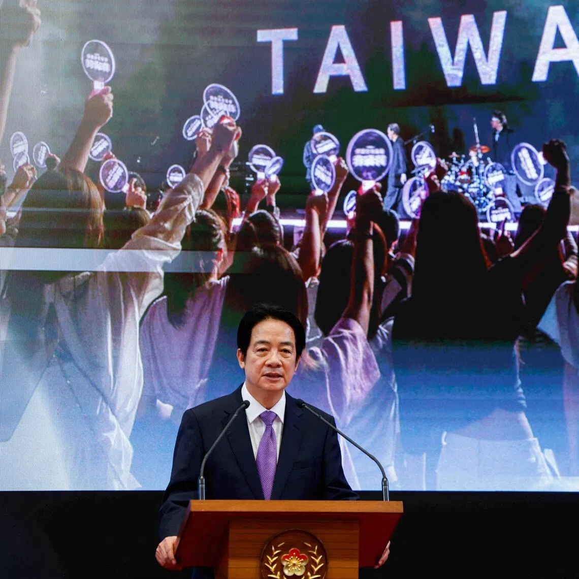 Taiwan President Lai Ching-te speaking at a news conference in Taipei on May 20 to mark two years in office.