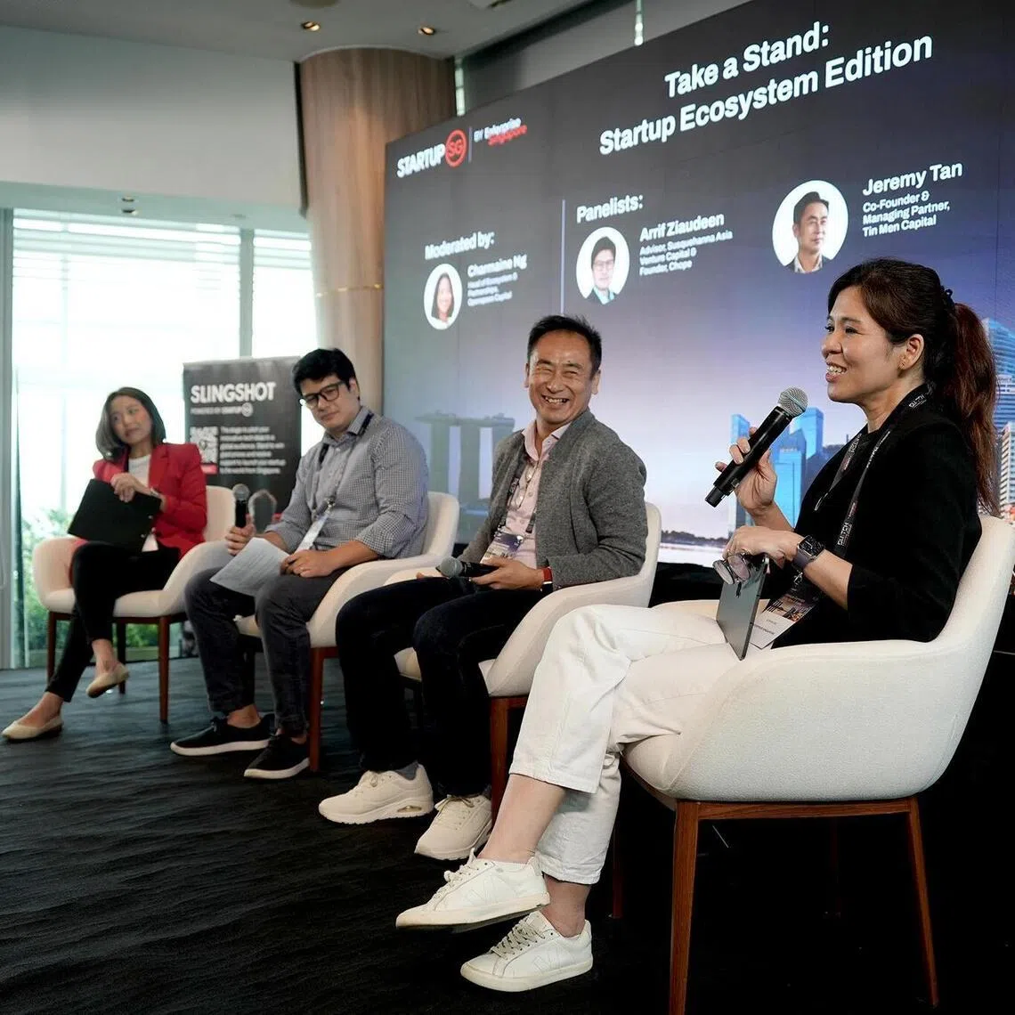 (From left) Openspace head of Ecosystem and Partnerships Charmaine Ng, Chope founder Arrif Ziaudeen, Tin Men Capital co-founder Jeremy Tan and Enterprise Singapore executive director Sophia Ng at the Startups Converge event on May 28.