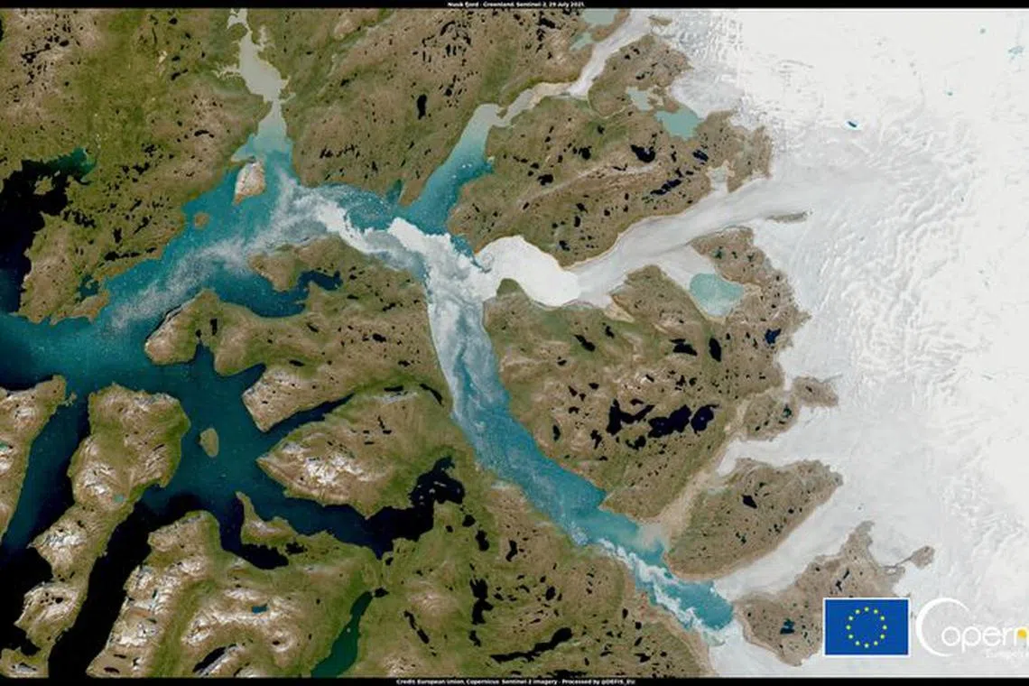 A satellite image shows Nuuk Fjord, Greenland July 29, 2021. Picture taken July 29, 2021. European Union, Copernicus Sentinel-2 imagery - Processed by @DEFIS_EU/Handout via REUTERS/File Photo