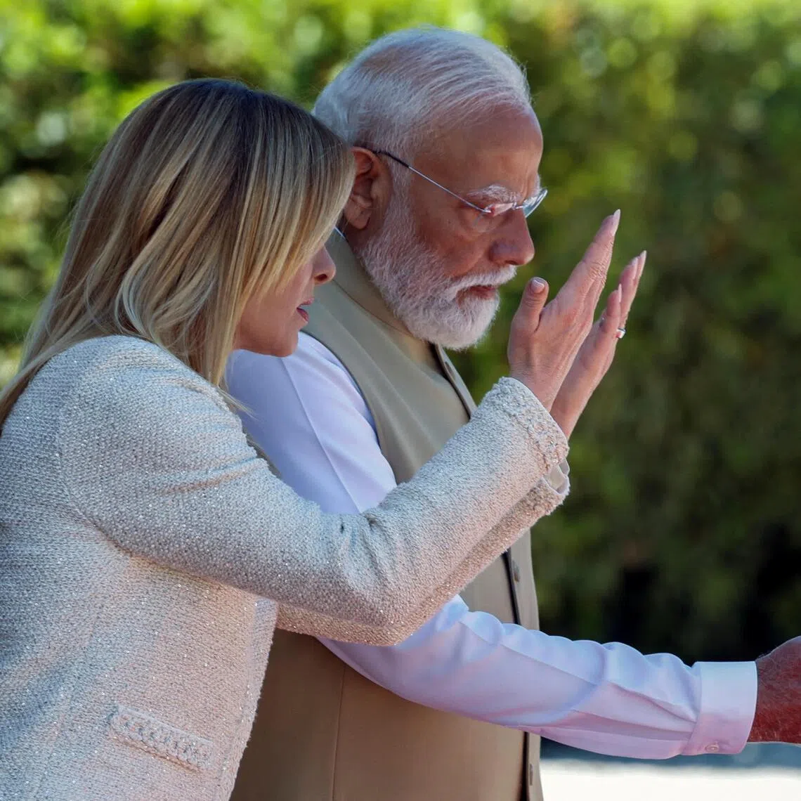 Italy's Prime Minister Giorgia Meloni meets Indian Prime Minister Narendra Modi at Villa Doria Pamphili, in Rome, Italy, on May 20.