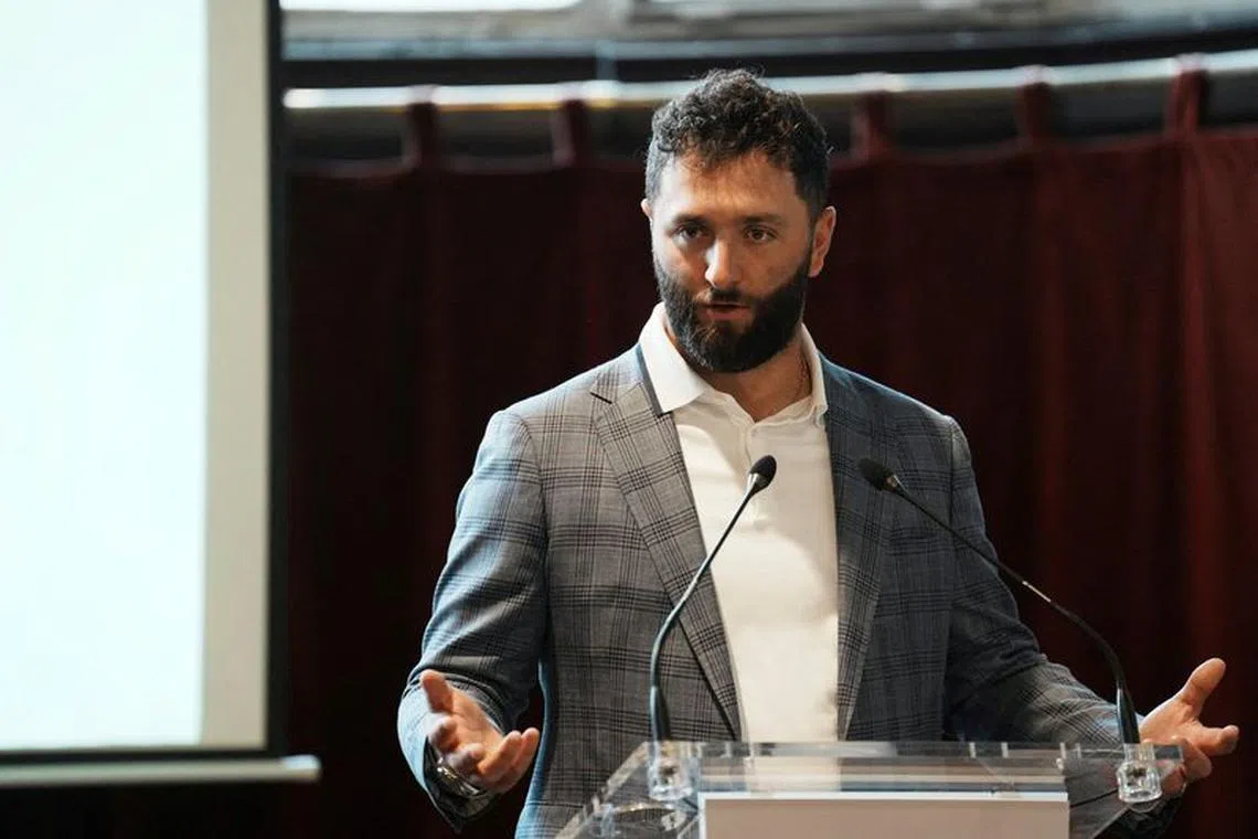 Spanish golfer Jon Rahm speaks as he receives the Dama Bilbaina 2023 prize, in Bilbao, Spain, December 13, 2023. Handout via REUTERS