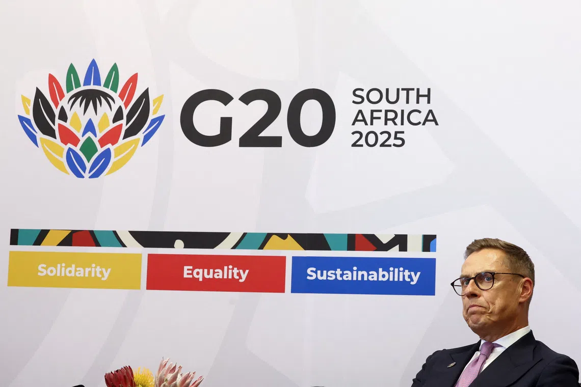 Finland's President Alexander Stubb reacts during an interview with Reuters, at the end of the G20 Leaders' Summit at the Nasrec Expo Center in Johannesburg, South Africa, November 23, 2025. REUTERS/Siphiwe Sibeko