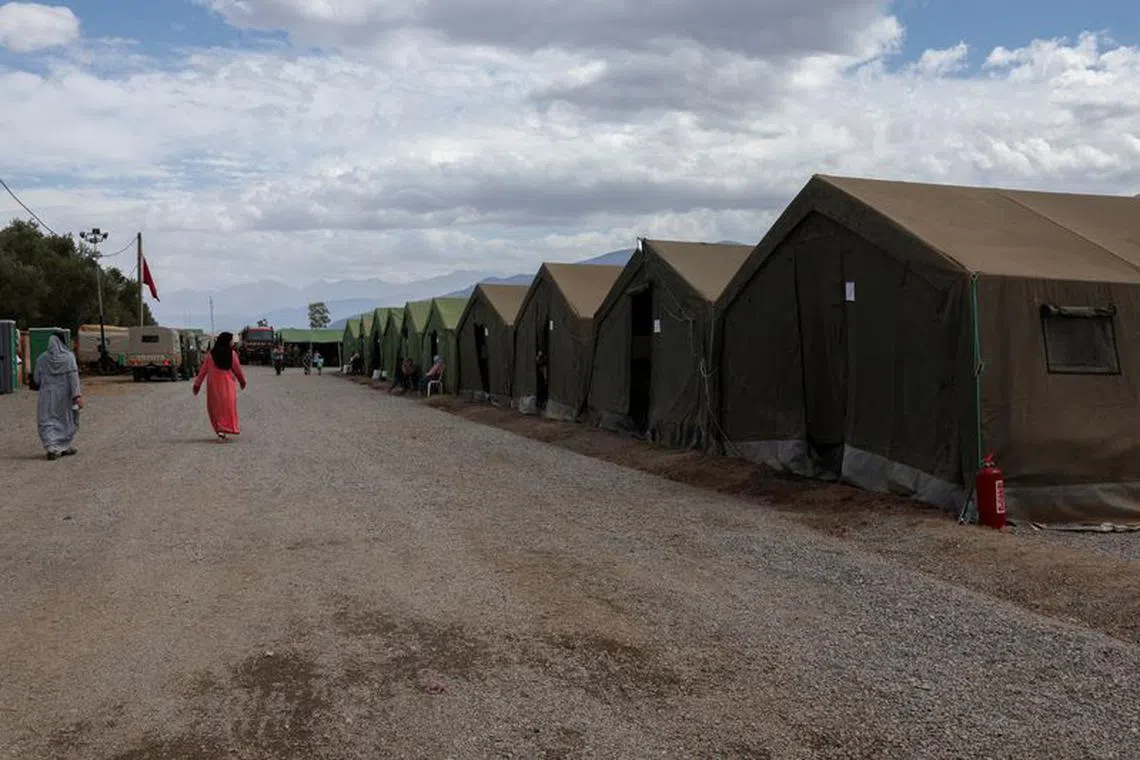 FILE PHOTO: An exterior view of a military aid camp for the people who were displaced following the deadly earthquake in Amizmiz, Morocco September 17, 2023. REUTERS/Emilie Madi/File Photo