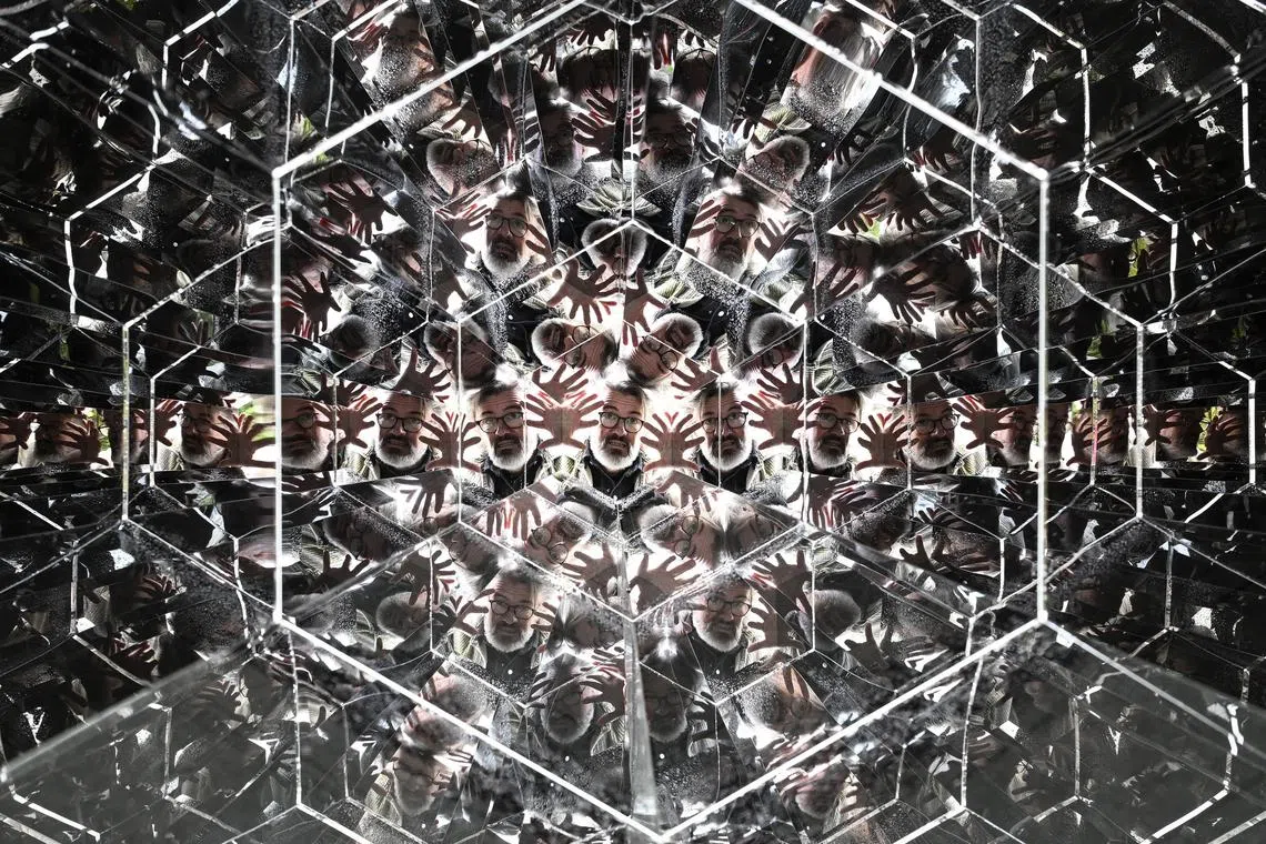 Icelandic–Danish artist Olafur Eliasson posing with his artwork 'Viewing Machine' displayed in the Helsinki Biennial 2025 in Helsinki, Vallisaari, Finland, on June 5, 2025.