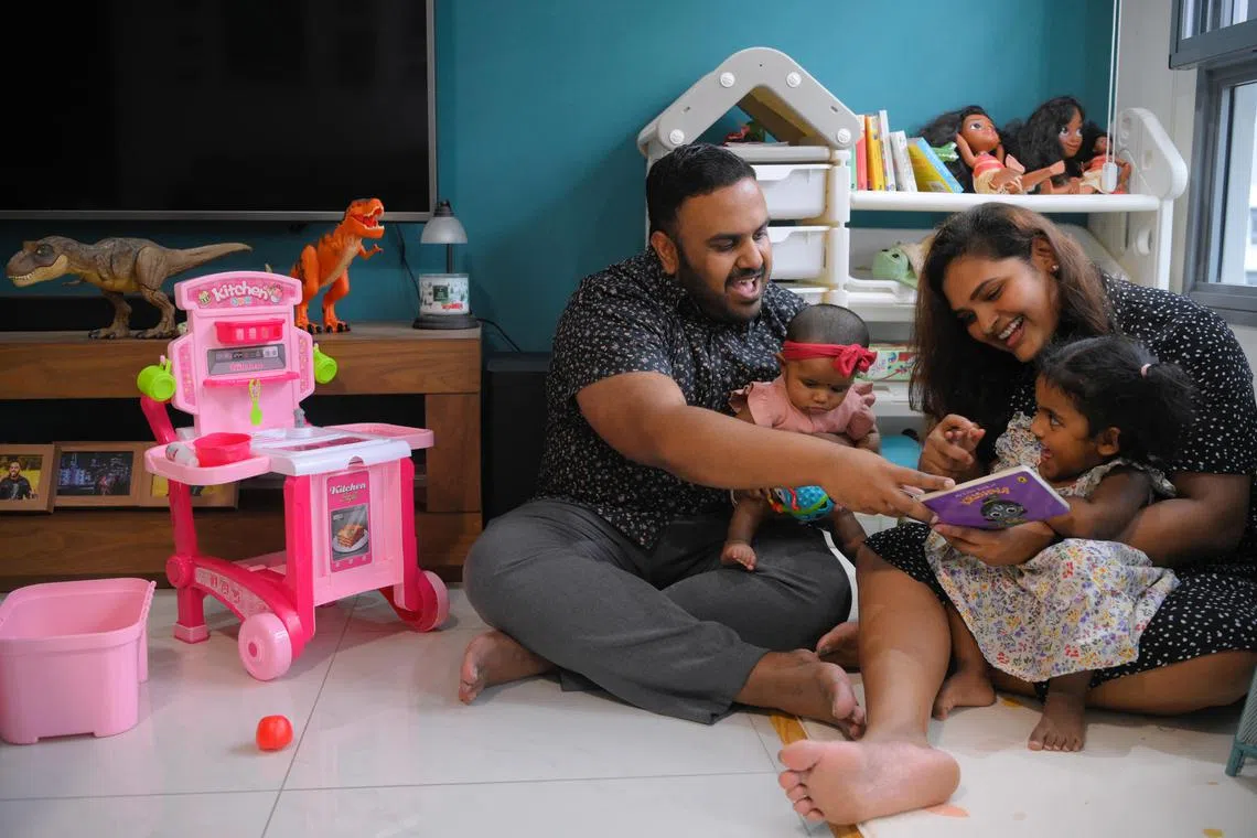 Real estate agent Prab Nathan, 34, his wife Ms Saraswathy Arumugam, a 33-year-old teacher, with their daughters, two-and-a-half year-old Nira and four-month-old Danya.