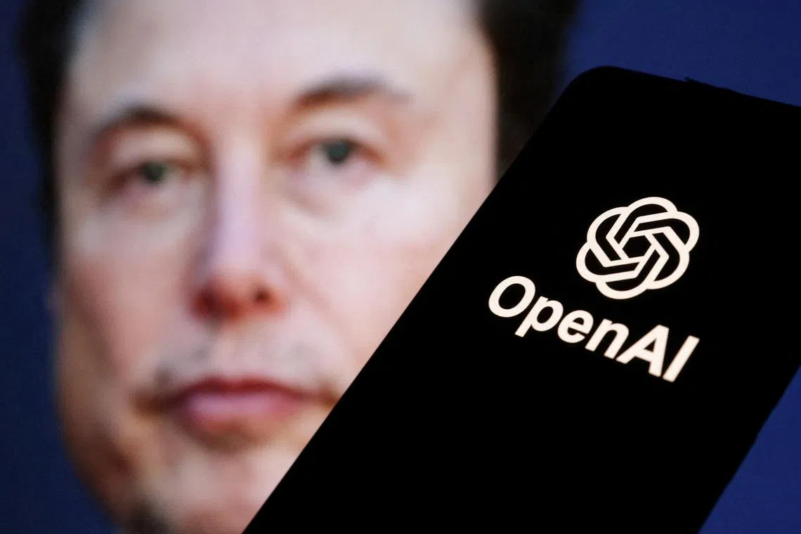 FILE PHOTO: OpenAI logo is seen in front of Elon Musk photo in this illustration taken March 11, 2024. REUTERS/Dado Ruvic/Illustration/File Photo