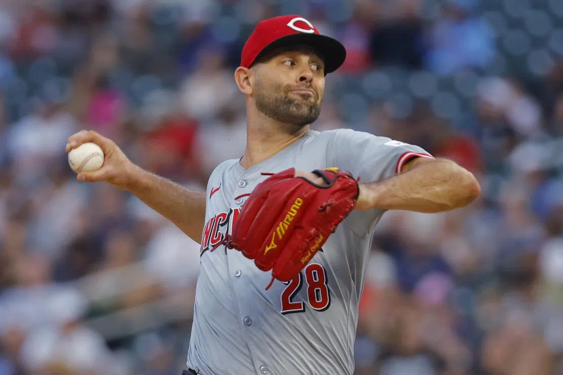 Sep 14, 2024; Minneapolis, Minnesota, USA; Cincinnati Reds starting pitcher Nick Martinez (28) throws against the Minnesota Twins in the second inning at Target Field. Mandatory Credit: Bruce Kluckhohn-Imagn Images/ File Photo