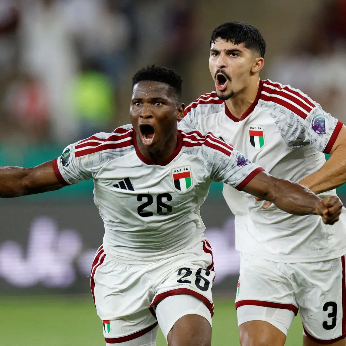 Soccer Football - Gulf Cup - Semi Final - United Arab Emirates v Oman - Prince Abdullah Al Faisal Stadium, Jeddah, Saudi Arabia - October 3, 2026 United Arab Emirates' Oumar Camara celebrates scoring their first goal REUTERS/Ibraheem Abu Mustafa