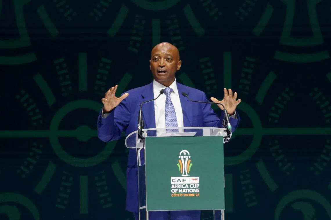 Soccer Football- Africa Cup of Nations draw.- The exhibition center of Abidjan, Ivory Coast - October 12, 2023. Patrice Motsepe, president of CAF (African Football Confederation) speaks during the draw. REUTERS/Luc Gnago