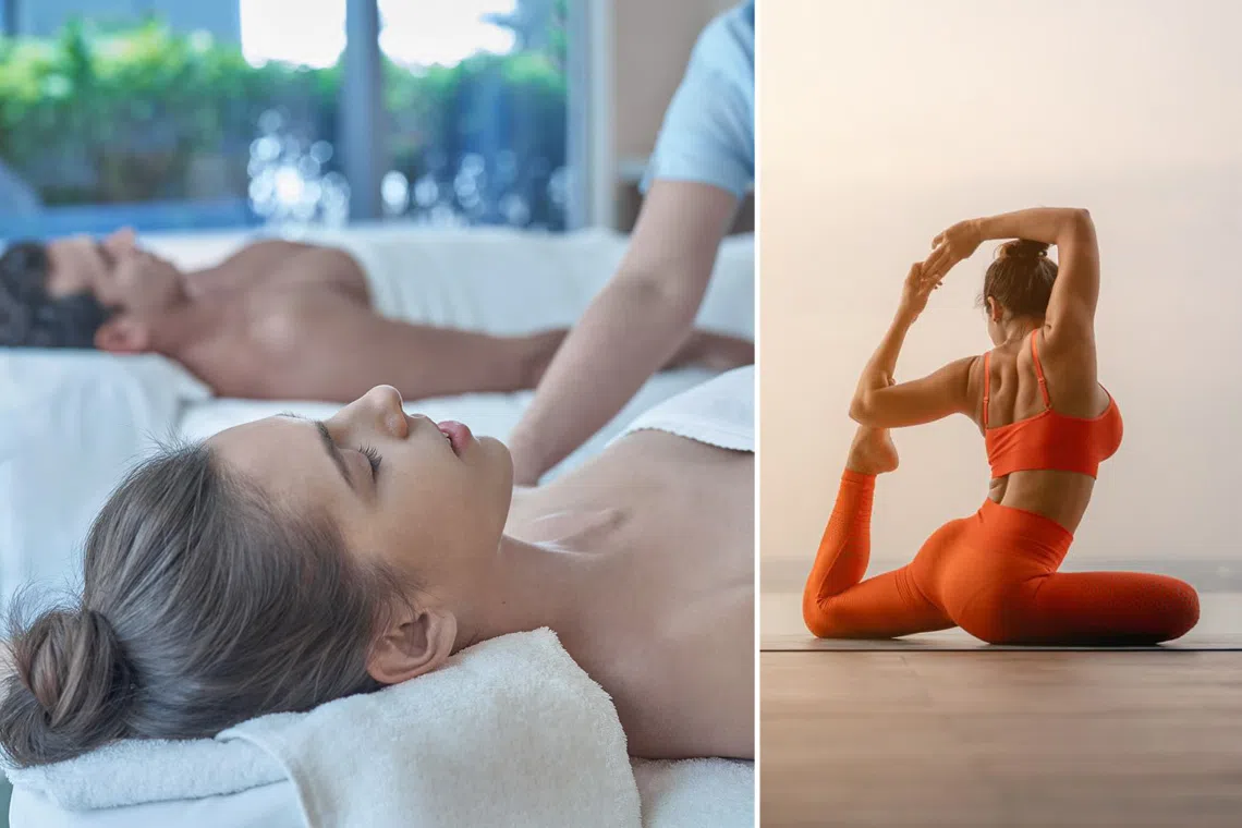 The Westin Singapore: Couple enjoying their spa treatment and woman practicing yoga by the poolside
