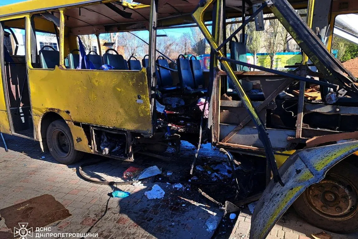 Wreckage of a municipal bus which was hit by a Russian drone in the town of Nikopol, amid Russia's attack on Ukraine, in Dnipropetrovsk region, Ukraine, April 7, 2026. Press service of the State Emergency Service of Ukraine/Handout via REUTERS