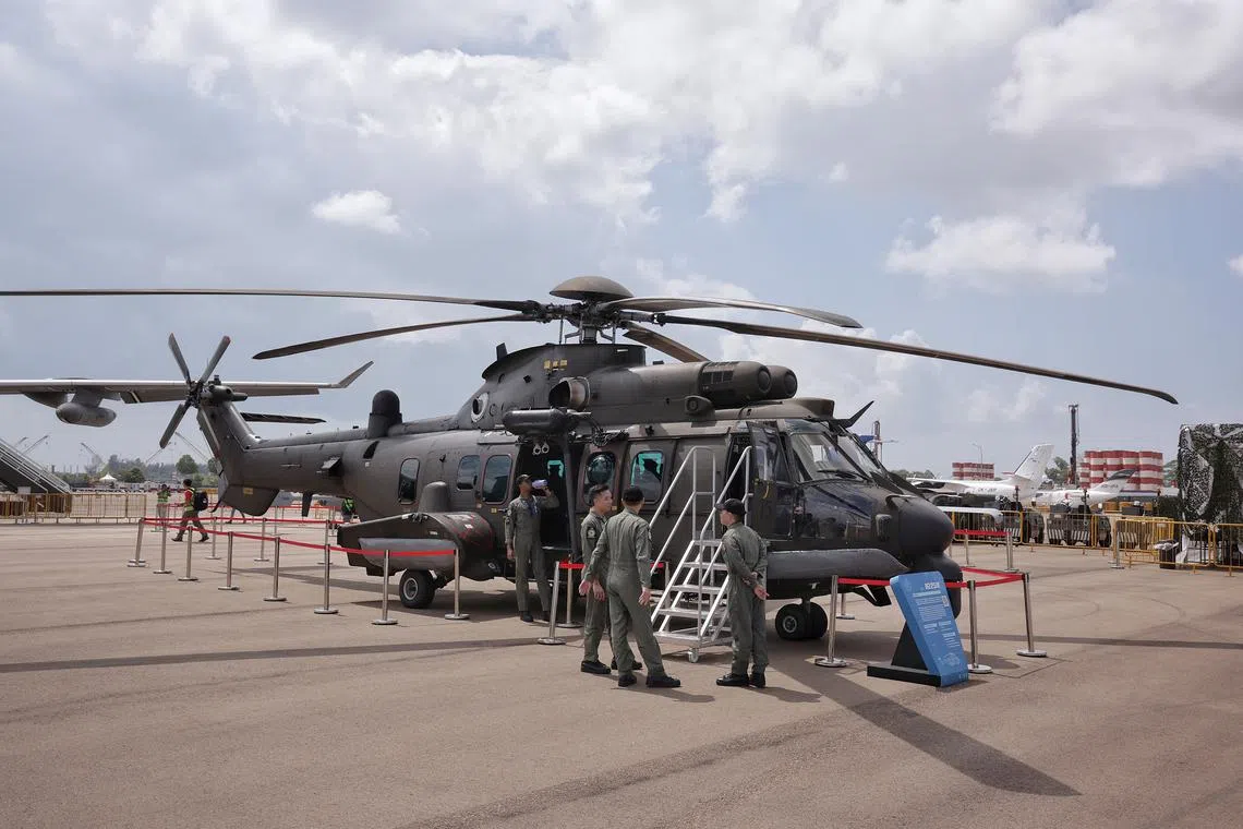 An H225M helicopter at a media preview of Singapore Airshow 2024 on Feb 17.