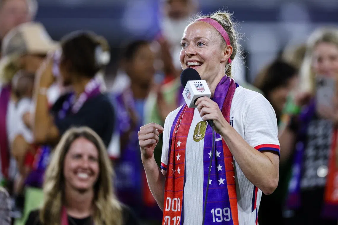Sep 6, 2022; Washington, District of Columbia, USA; United States defender Becky Sauerbrunn (4) speaks during a signing ceremony for the new Collective Bargaining Agreements after the match between the United States and Nigeria at Audi Field. Mandatory Credit: Scott Taetsch-USA TODAY Sports/ File Photo
