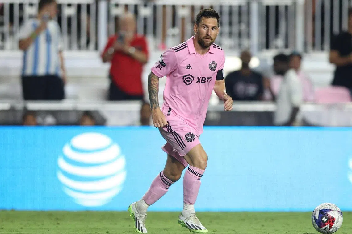 Inter Miami forward Lionel Messi controlling the ball during the second half against Orlando City SC at DRV PNK Stadium.