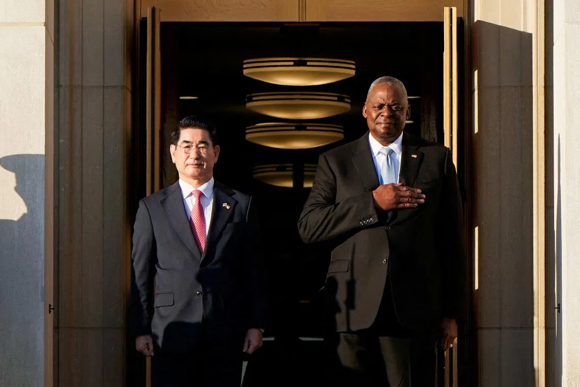 U.S. Defense Secretary Lloyd Austin meets with South Korea's Defense Minister Kim Yong-hyun during the U.S.-ROK Security Consultative Meeting at the Pentagon in Washington, U.S., October 30, 2024. REUTERS/Elizabeth Frantz