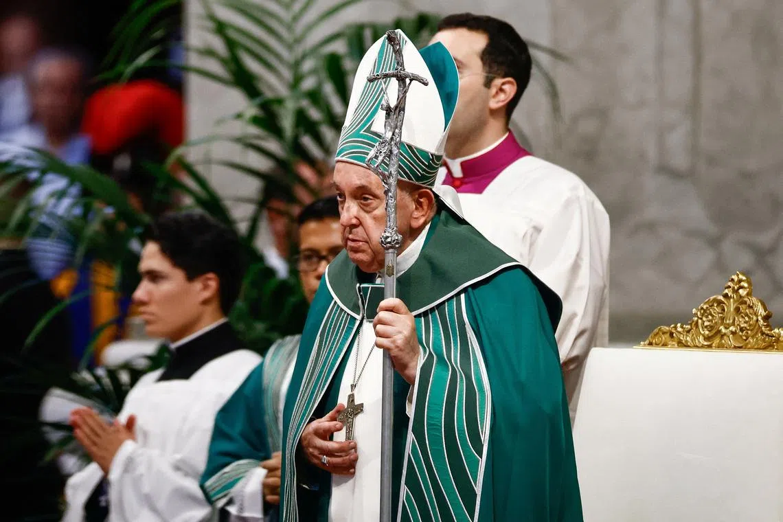 FILE PHOTO: Pope Francis presides over the closing Mass at the end of the Synod of Bishops in Saint Peter's Basilica at the Vatican, October 29, 2023. REUTERS/Yara Nardi/File Photo