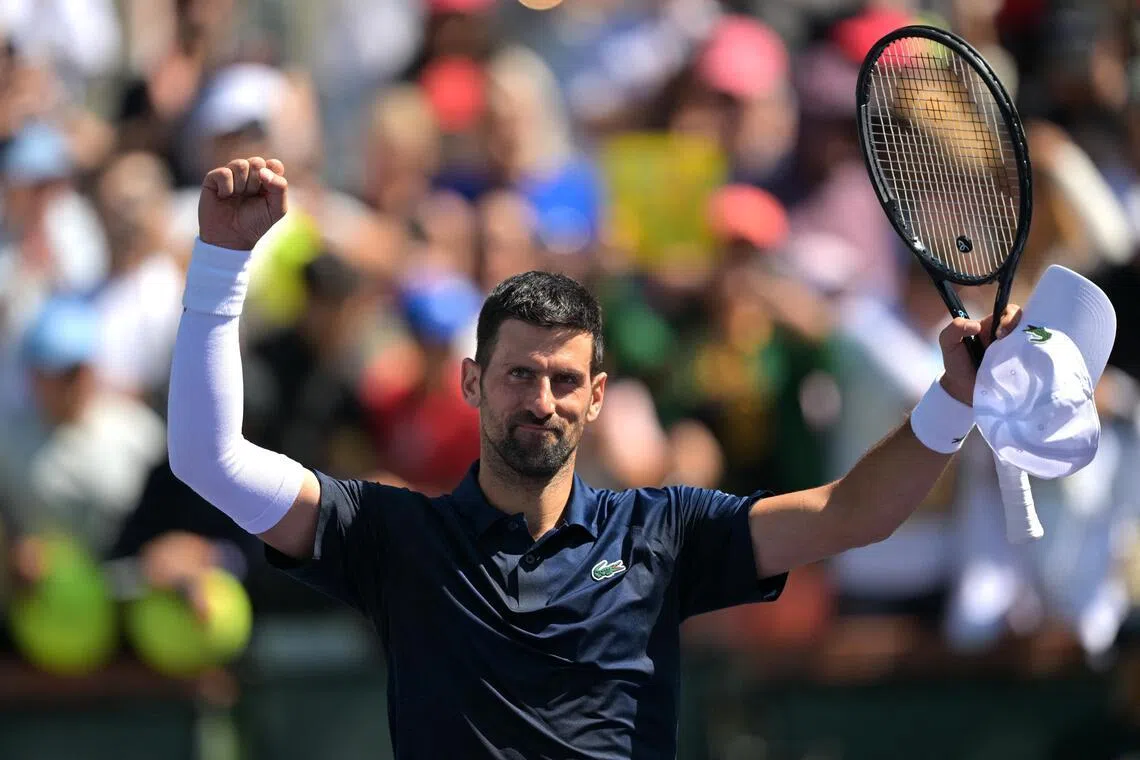 Serbia's Novak Djokovic celebrating his third-round win on March 9 over Aleksandar Kovacevic of the US.