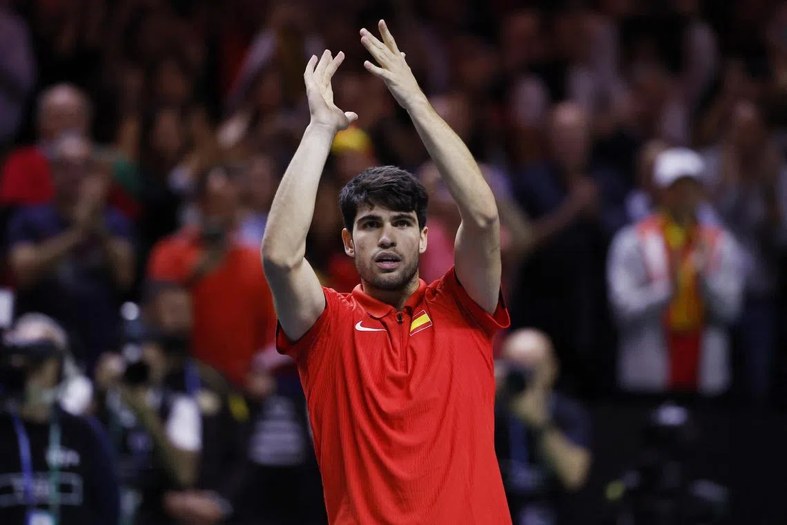 Spain's Carlos Alcaraz celebrates winning his match against the Netherlands' Tallon Griekspoor.