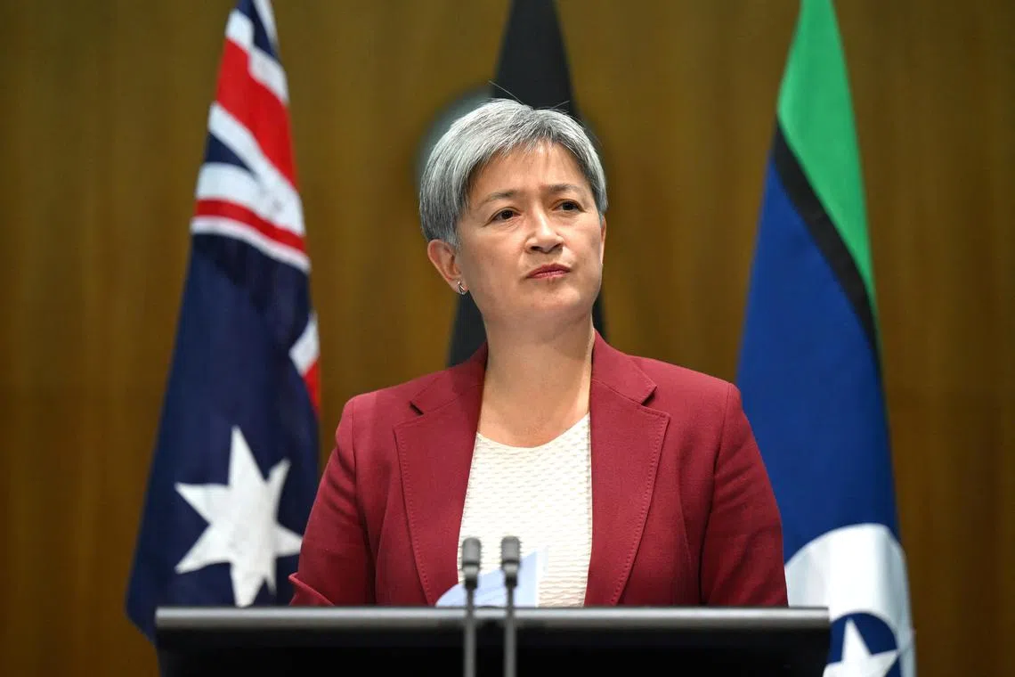 Australian Foreign Minister Penny Wong speaks to the media after holding a bilateral meeting with Chinese Foreign Minister Wang Yi at Parliament House, in Canberra, Australia, March 20, 2024. AAP/Lukas Coch/via REUTERS/ File photo