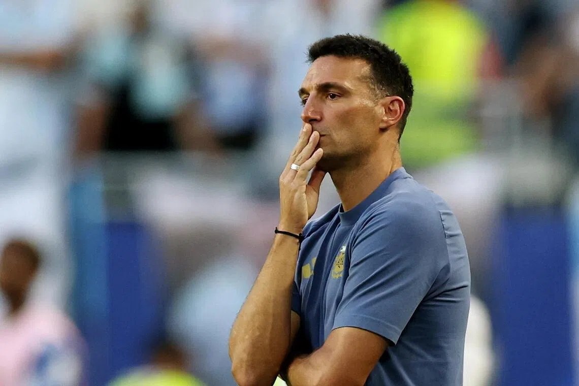 Argentina coach Lionel Scaloni watching pensively as Cape Verde test world champions Argentina in their round-of-32 match on July 3.