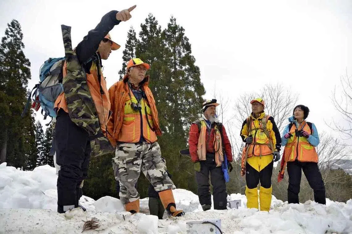 Members of the Niigata prefectural hunting association conduct spring bear hunting in Tokamachi, Niigata Prefecture, on April 4. 