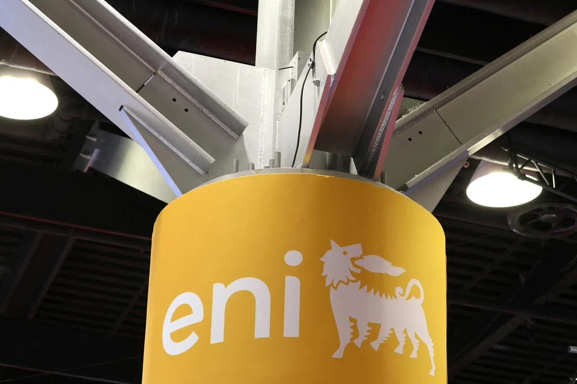 The logo of Italian multinational energy company Eni is displayed at their booth during the LNG 2023 energy trade show in Vancouver, British Columbia, Canada, July 12, 2023. REUTERS/Chris Helgren