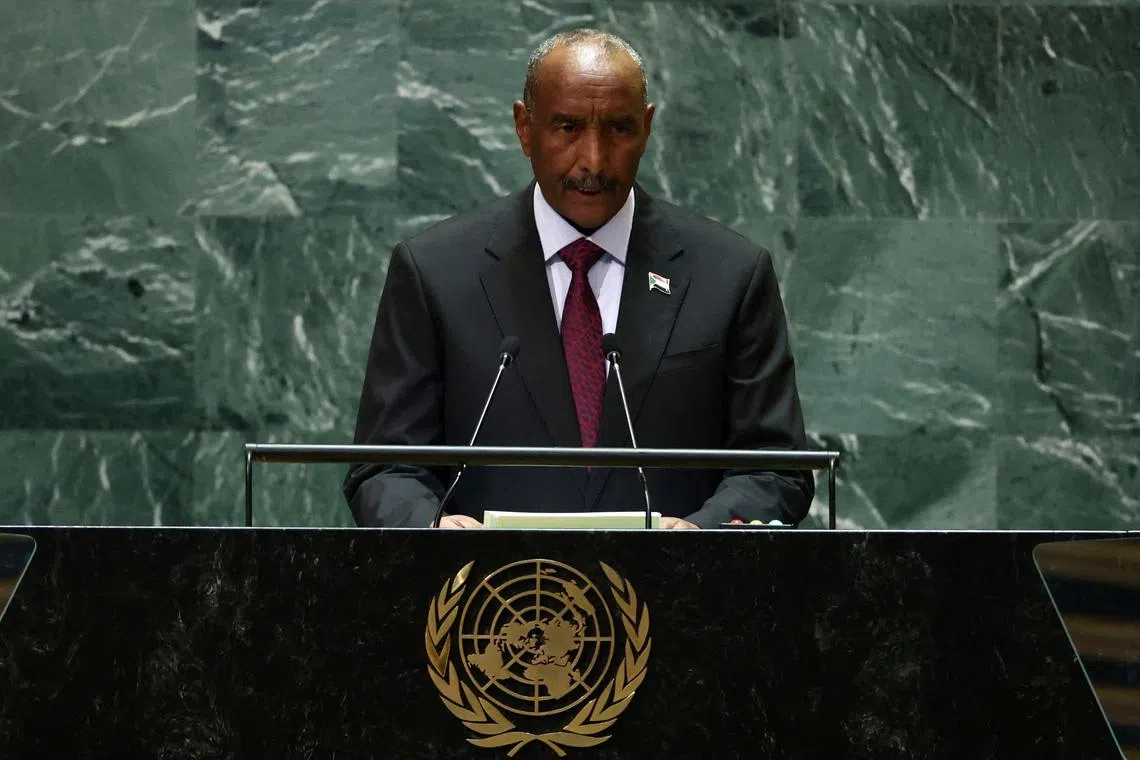 FILE PHOTO: Sudan's Sovereign Council Chief General Abdel Fattah al-Burhan, addresses the 79th United Nations General Assembly at United Nations headquarters in New York, U.S., September 26, 2024. REUTERS/Brendan McDermid/File Photo