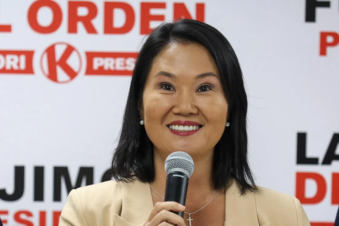 Popular Force presidential candidate Keiko Fujimori holds a press conference after the National Jury of Elections (JNE) announced that she will advance to a runoff election on June 7, in which she will compete for the presidency of Peru against candidate Roberto Sanchez of the Juntos por el Peru party, in Lima, Peru, May 17, 2026. REUTERS/Alessandro Cinque