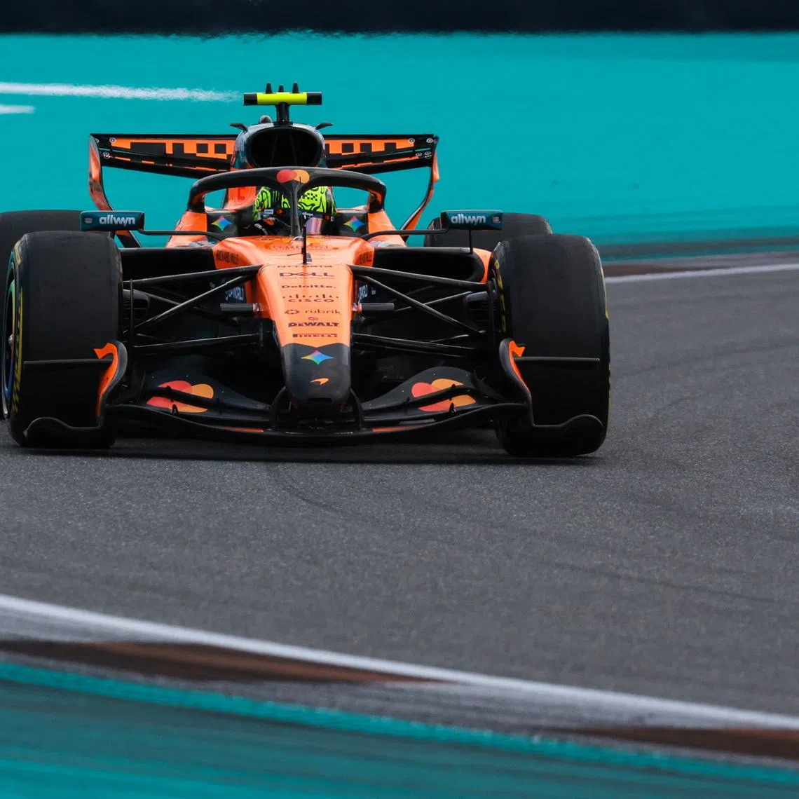 May 2, 2026; Miami Gardens, FL, USA; McLaren driver Lando Norris (1) during the F1 Miami Grand Prix Sprint Race at Miami International Autodrome. Mandatory Credit: Sam Navarro-Imagn Images