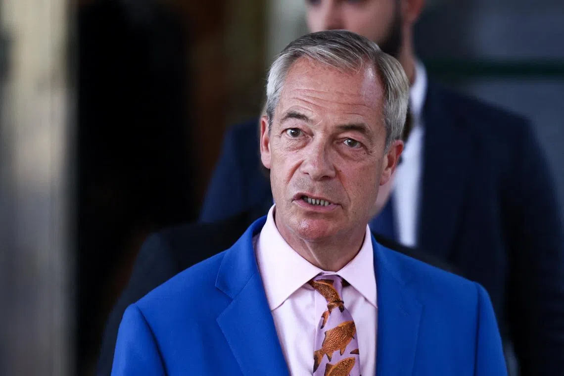 Britain's Reform UK party leader Nigel Farage leaves the party headquarters in Millbank after announcing he has resigned as an MP triggering a by-election in his parliamentary seat where he intends to stand for re-election, in London, Britain, July 7, 2026. REUTERS/Jack Taylor
