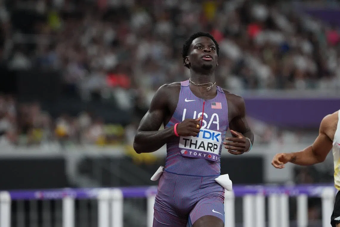Sep 15, 2025; Tokyo, Japan; Ja'Kobe Tharp (USA) during a heat of the mens 110m hurdles during World Athletics Championships at National Stadium. Mandatory Credit: Kirby Lee-Imagn Images