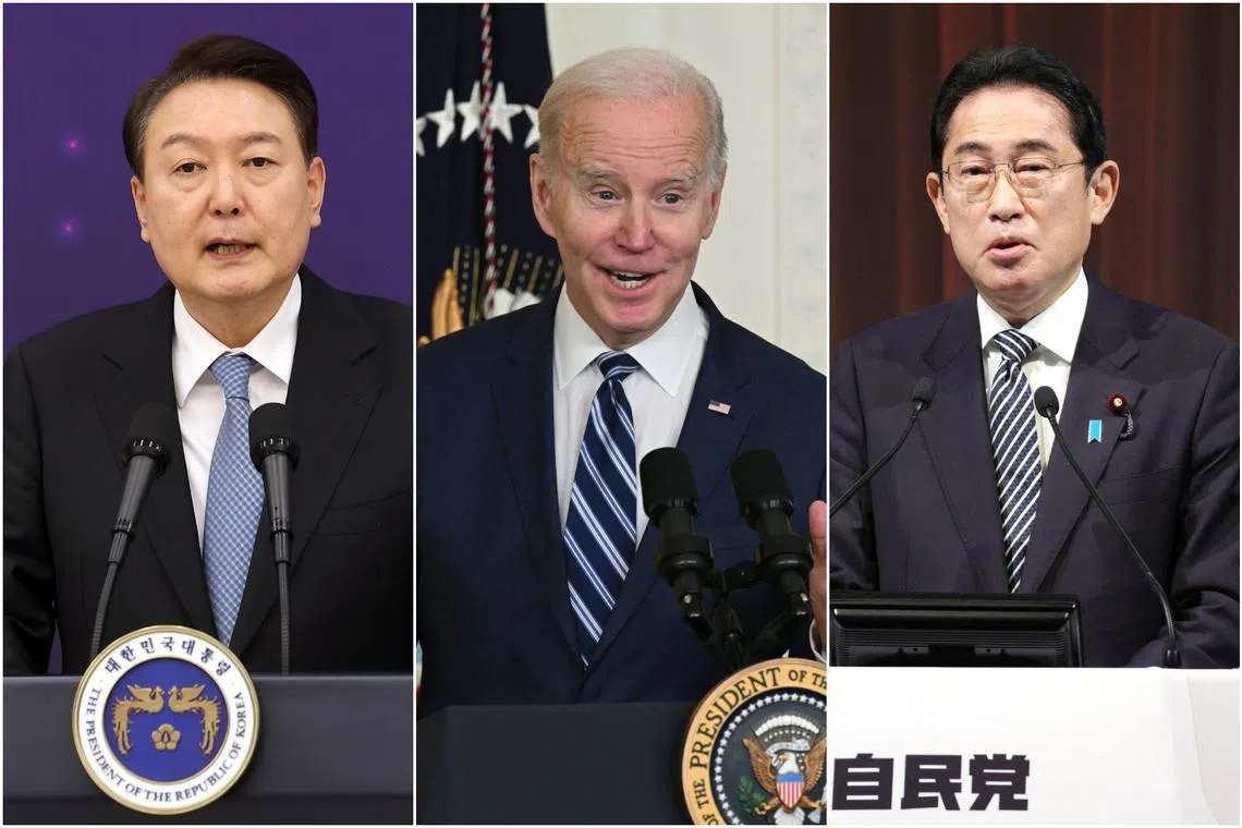 (From left) South Korean President Yoon Suk-yeol, US President Joe Biden and Japanese PM Fumio Kishida agreed to launch the talks during a summit last November.