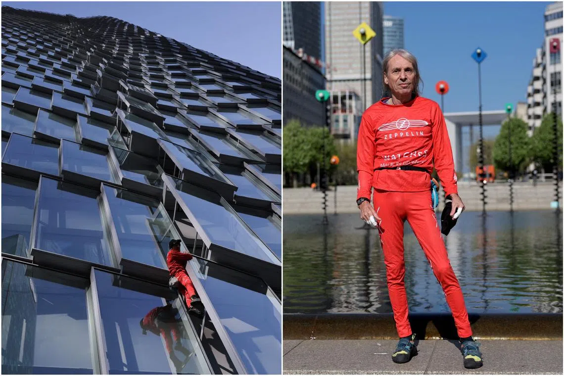 Mr Alain Robert climbs without a harness, using only his bare hands and a pair of climbing shoes.