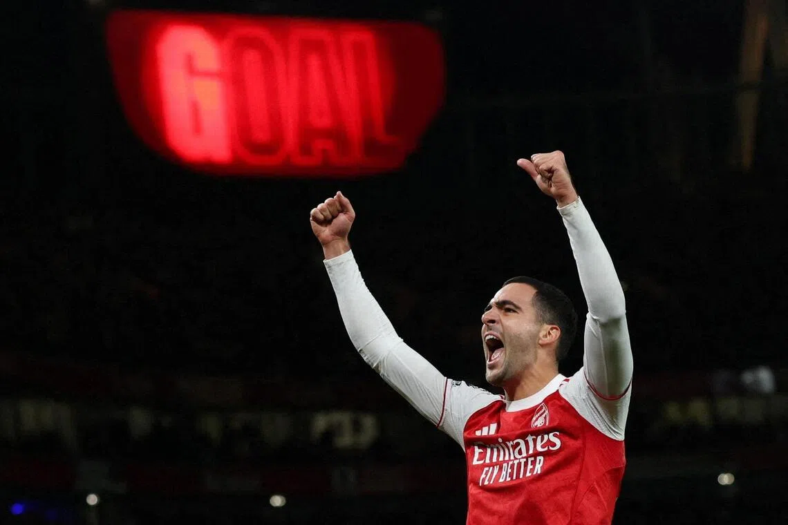 Arsenal's Mikel Merino celebrates scoring their first goal.