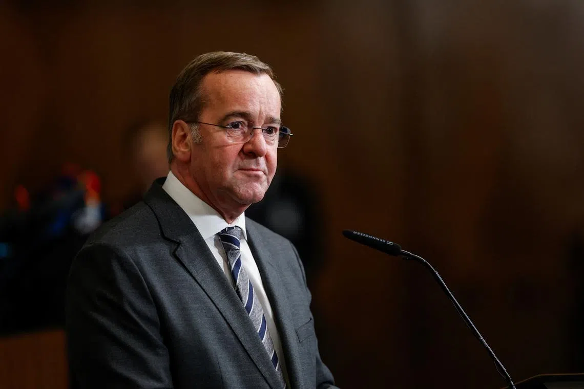 FILE PHOTO: German Defence Minister Boris Pistorius attends a press conference at the Ukraine Defense Contact Group meeting at Ramstein Air Base, Germany, January 9, 2025. REUTERS/Heiko Becker/File Photo