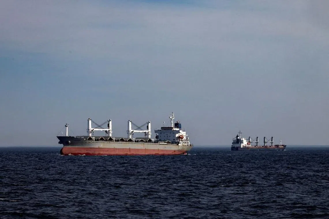 FILE PHOTO: Cargo ships are seen from a patrol boat of Ukraine’s coast guard as they sail in the Black Sea, amid Russia’s attack on Ukraine, February 7, 2024. REUTERS/Thomas Peter/File Photo
