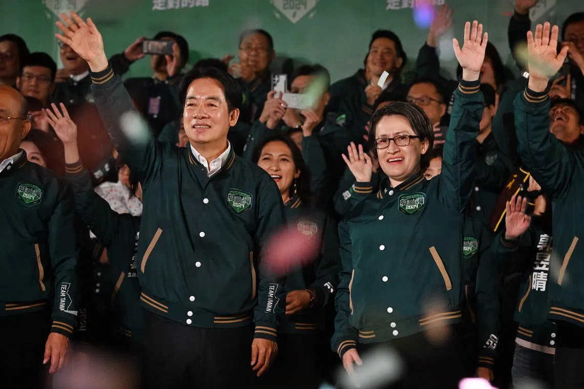Taiwan's president-elect Lai Ching-te and vice-president-elect Hsiao Bi-khim celebrating their victory on Jan 13.