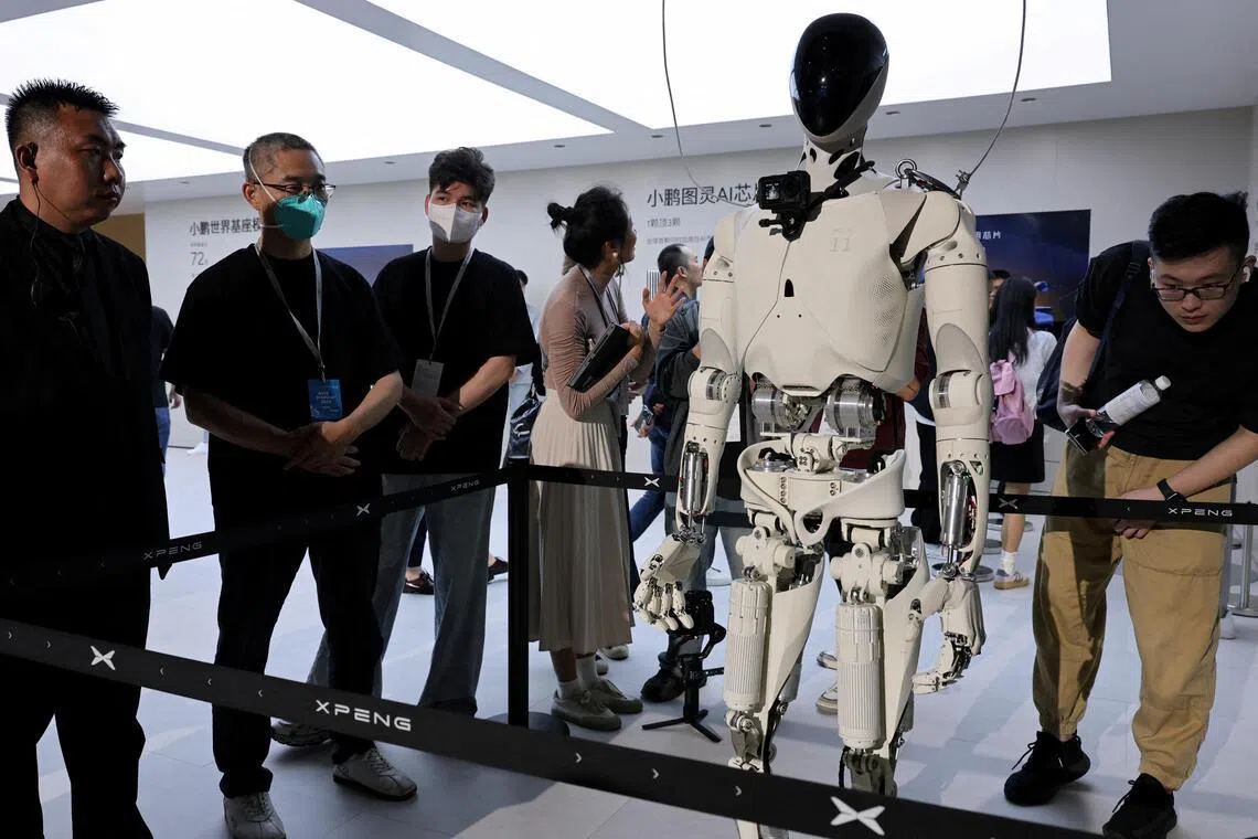 Xpeng's humanoid robot IRON at the Chinese electric vehicle maker's booth during a media day for the Auto Shanghai show in Shanghai, China, on April 23, 2025.
