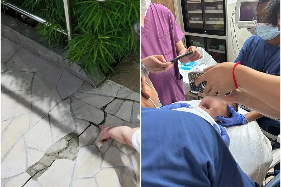 The boy had tripped on the walkway and hit his forehead on the sharp edges of the cracked tiles. 