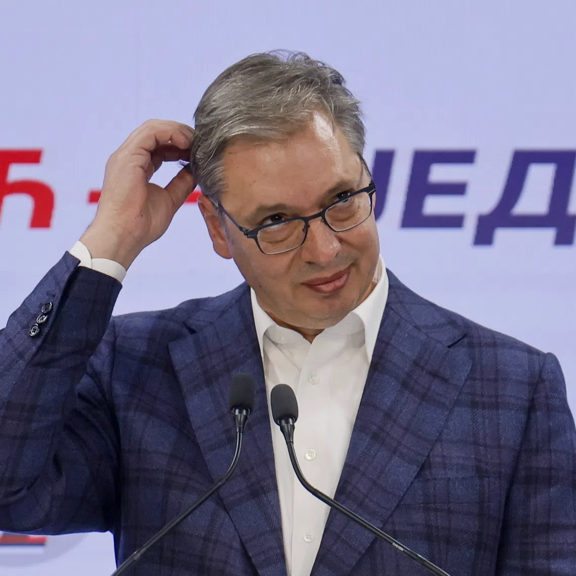 Serbian Progressive Party prime ministerial candidate Aleksandar Vucic reacts after conceding defeat during a press conference on Oct 25 at the party headquarters in Belgrade, Serbia.